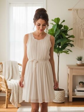 Simply Vera Vera Wang Cottagecore Cream Pleated Tying Belt Midi Dress Sz Small